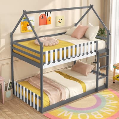 Gymax Twin Over Twin Bunk Bed w/ Fence & Ladder Solid Wood Floor Bunk