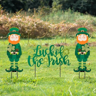 Glitzhome St. Patrick's Metal LUCKY Leprechaun Yard Stakes or Wall Sign