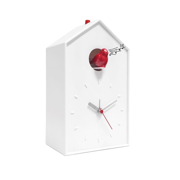 Balvi Cuckoo Clock - White Birdhouse with Red Bird, Minimalist Modern Design - 9 in. x 5 in. x 3 in.
