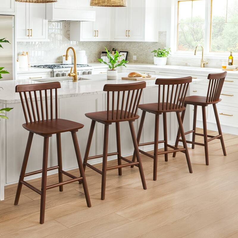 26 in. Modern Wooden Bar Stools with Slat Back Windsor-Style Solid Wood Counter Stools - 17.7 in. W x 17.7 in. D x 38.5 in. H