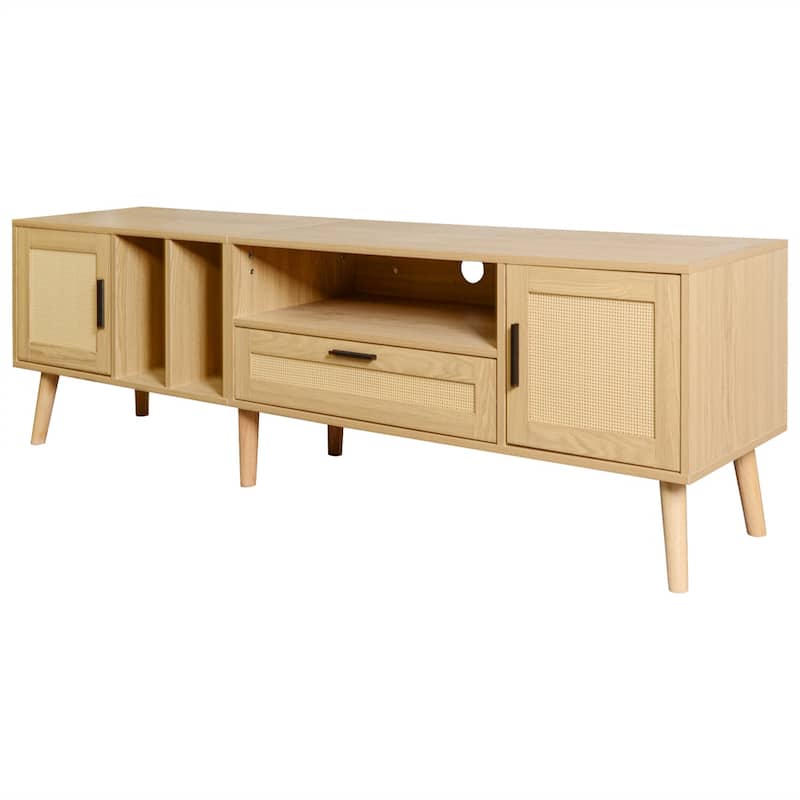 Rattan TV Stand w/Cabinets&Shelves,Rattan-inspired Media Console Table