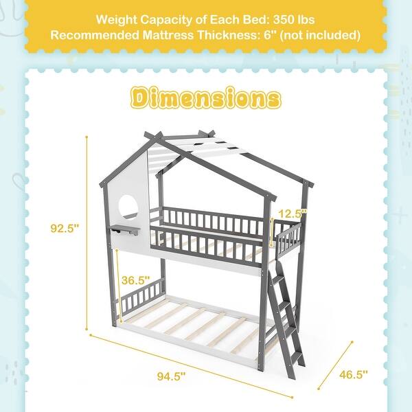 Twin Over Twin House Bunk Bed with Roof for Kids Sleeping and Play
