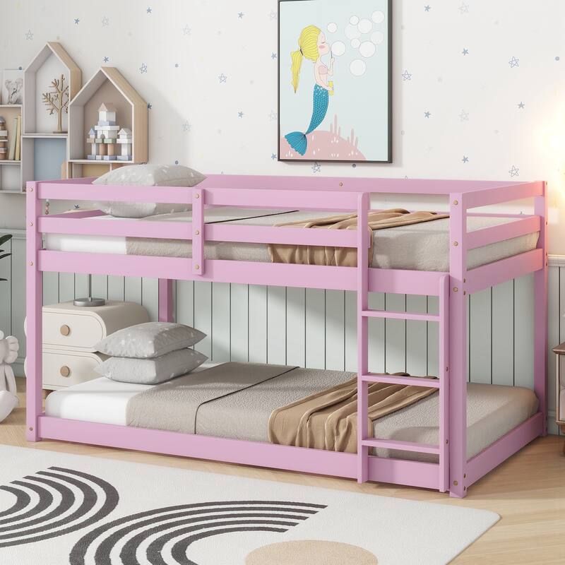 Wooden Twin over Twin Floor Bunk Bed with Ladder, with Bed Platform of Strengthened Slats - Pink