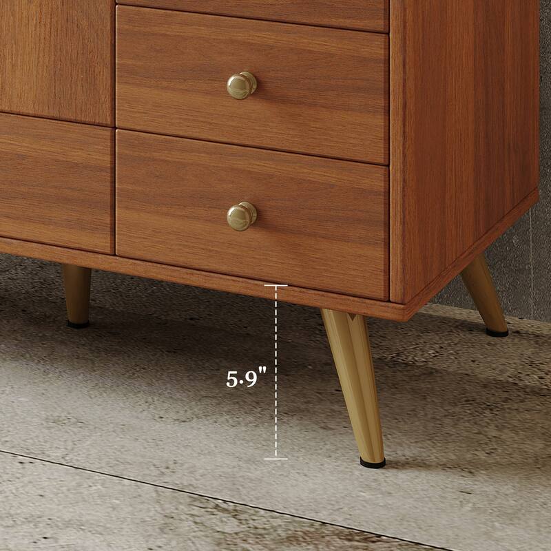 36" Freestanding Bathroom Vanity with Faux Marble Top, Ceramic Sink, 5 Drawers & Stainless Steel Legs - Gold/Walnut/White