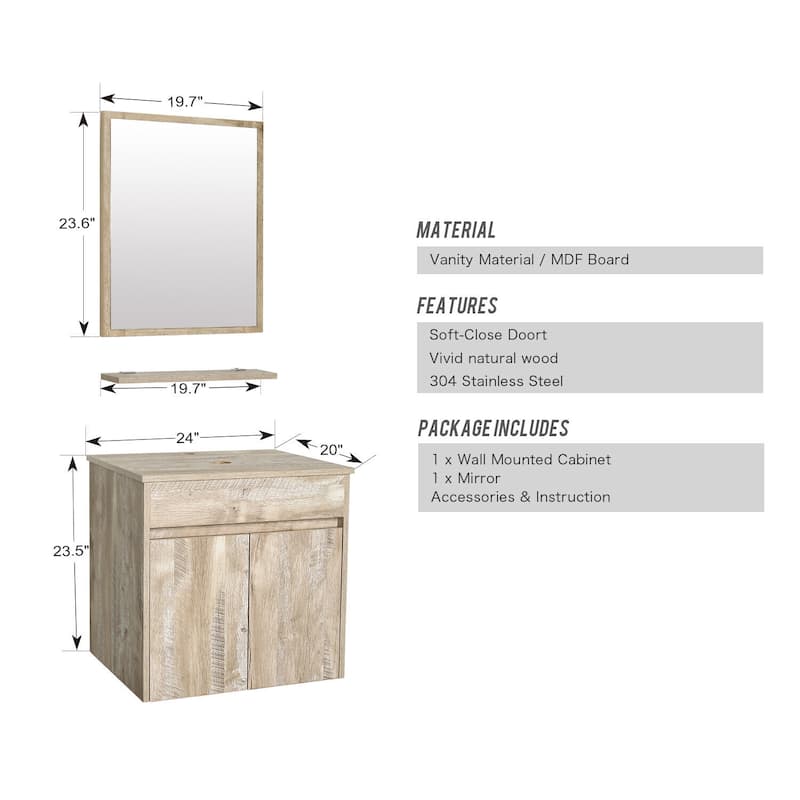 24" Bathroom Vanity Set Tempered Glass/ Ceramics Sink Combo Wall Mounted Natural Cabinet Faucet Drain Mirror