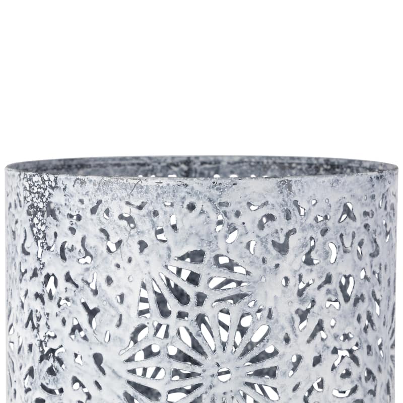 Laser-Cut Floral Iron Pillar Candle Holders - 10" - Gray and White - Set of 2
