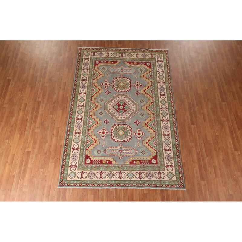 Gray Geometric Kazak Area Rug Handmade Wool Carpet - 6'6" x 9'9"