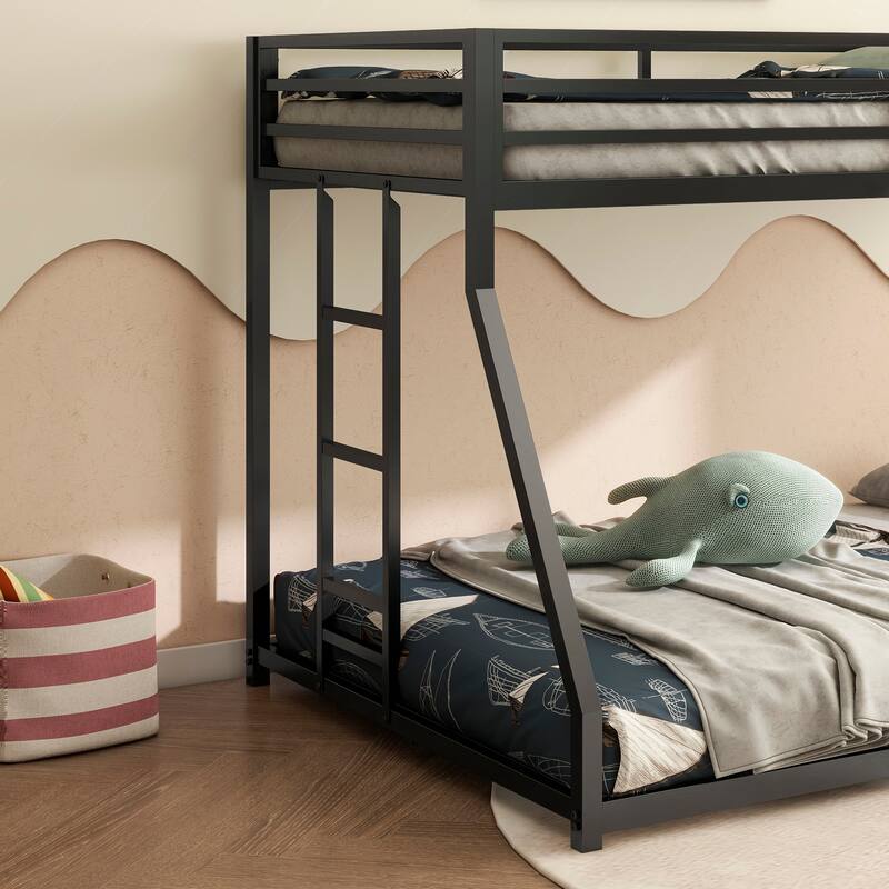 Sturdy Twin over Full Bunk Bed Metal Black for and Adult, Low Profile Twin over Full Bunk Bed with Ladder and Guardrails