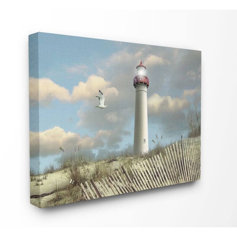 Stupell Cape May Sand Dune Fence Lighthouse Beach Scene with Seagull Canvas Wall Art, 11x14, Proudly Made in USA - Multi-Color - 36 x 48