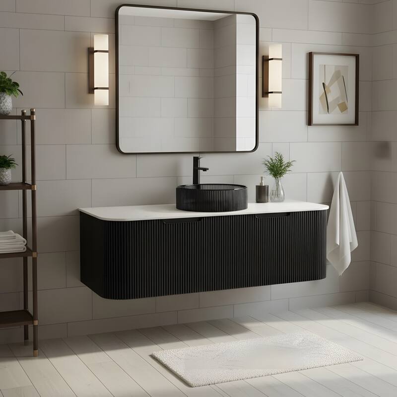 Wall Mounted Bathroom Vanity with Transparent Black Round Glass Basin