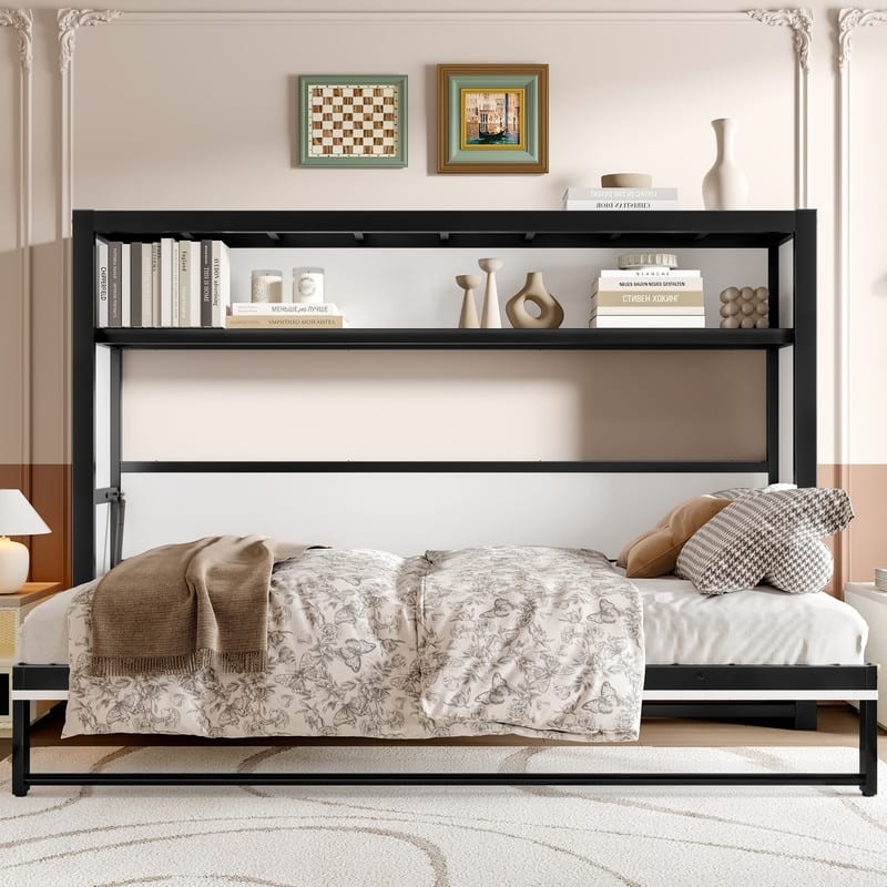 Twin Size Murphy Bed with 2-Tier Storage Shelves, Folding Metal Wall Bed Frame with Clothes Hanging Rod