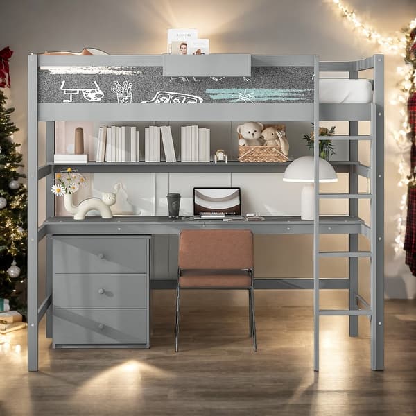 slide 2 of 32, Wood Twin Size Loft Bed with Desk,Blackboard,Storage Box,Open Shelf and 3 Drawers for Kids or Teens Grey