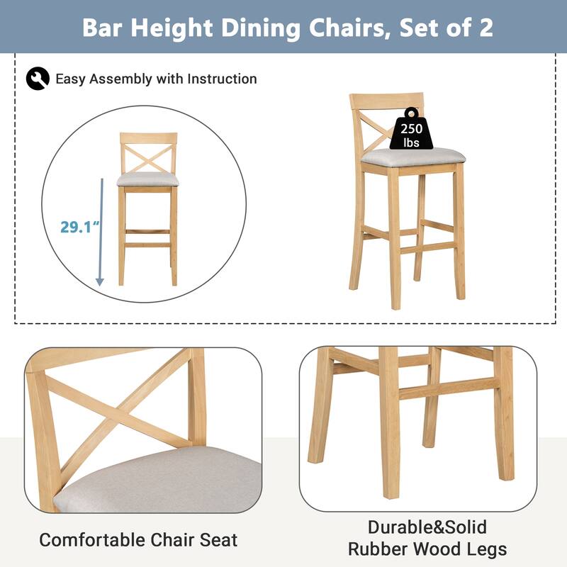 Farmhouse 48"Rectangular Wood Bar Height Dining Set Kitchen Breakfast Nook with 2 Chairs for Small Places