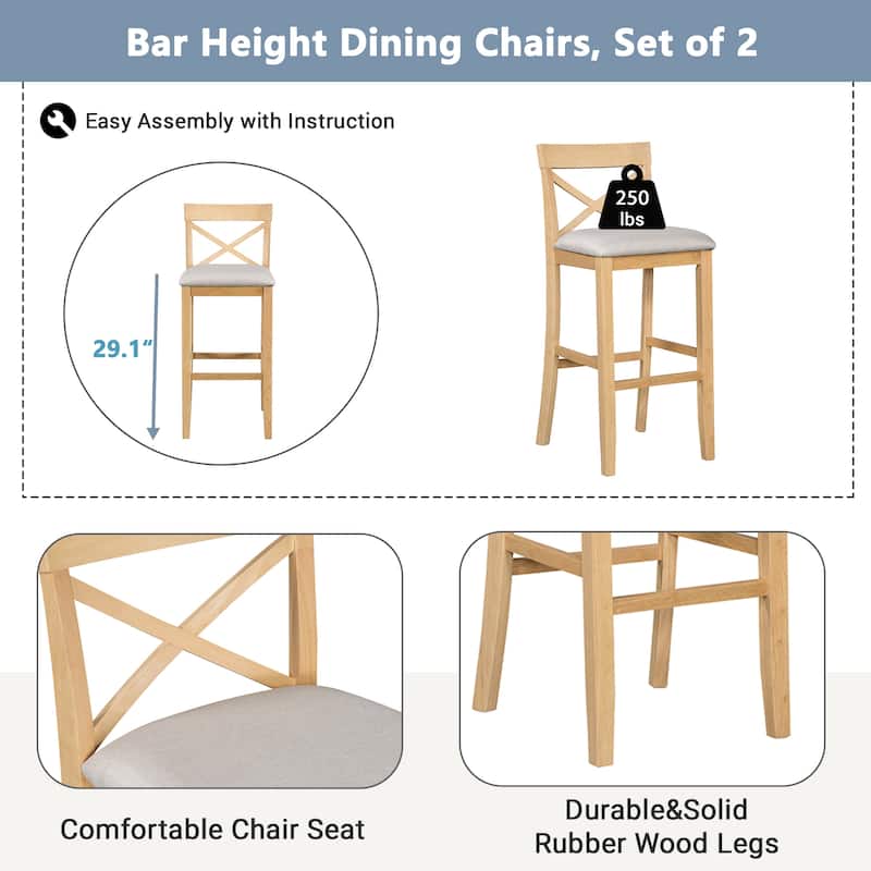 Roomfitters 3-Piece Bar Height Dining Set, 48" Wood Breakfast Nook Table with 2 X-Back Chairs for Small Spaces