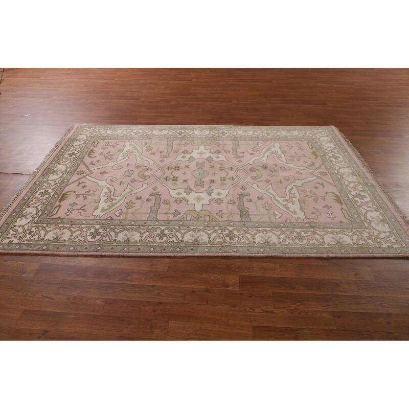 Light Pink Floral Oushak Oriental Area Rug Handmade Wool Carpet - 4'10"x 7'8"