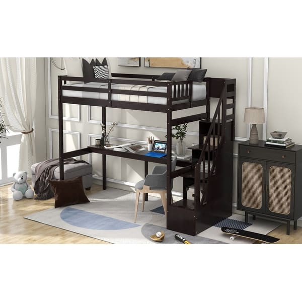 slide 2 of 12, High Loft Stairway Bed, Twin Size Loft Bed with Built-in Desk Underneath and Storage Stairs, Space-Saving Kids Wood Bedframe Espresso - Twin