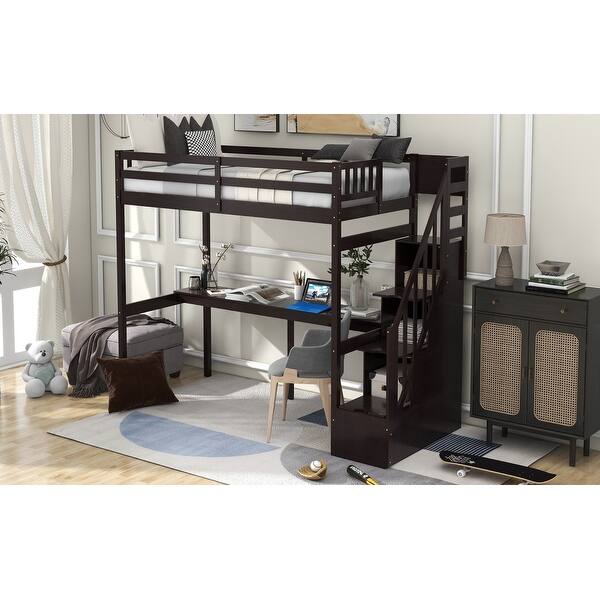 slide 2 of 26, Twin Loft Bed with Storage Stairs & Built-In Desk - Safety Guardrails Included