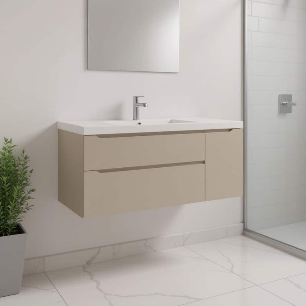 HomeRoots 48" Taupe Wood Floating Bathroom Vanity With White Sink And Two Drawers - 48.00 in. x 18.00 in. x 19.00 in.