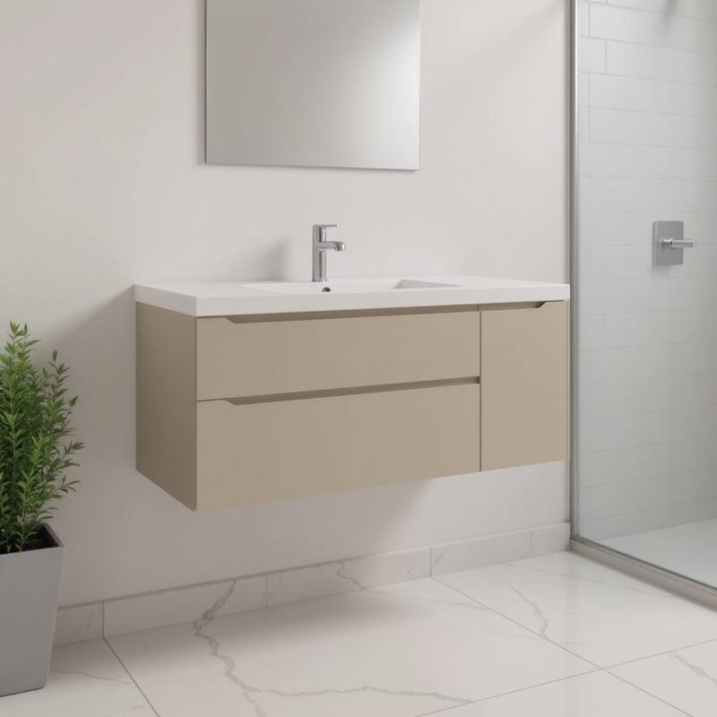 HomeRoots 48" Taupe Wood Floating Bathroom Vanity With White Sink And Two Drawers - 48.00 in. x 18.00 in. x 19.00 in. - 48.00 in. x 18.00 in. x 19.00 in. - Matte - Taupe