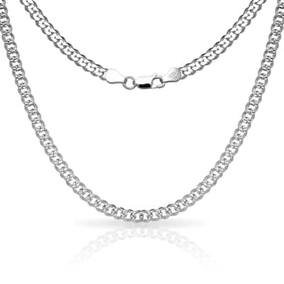 Sterling Silver Men's Italian 6mm Pave Curb Chain Necklace (18'-30") - White