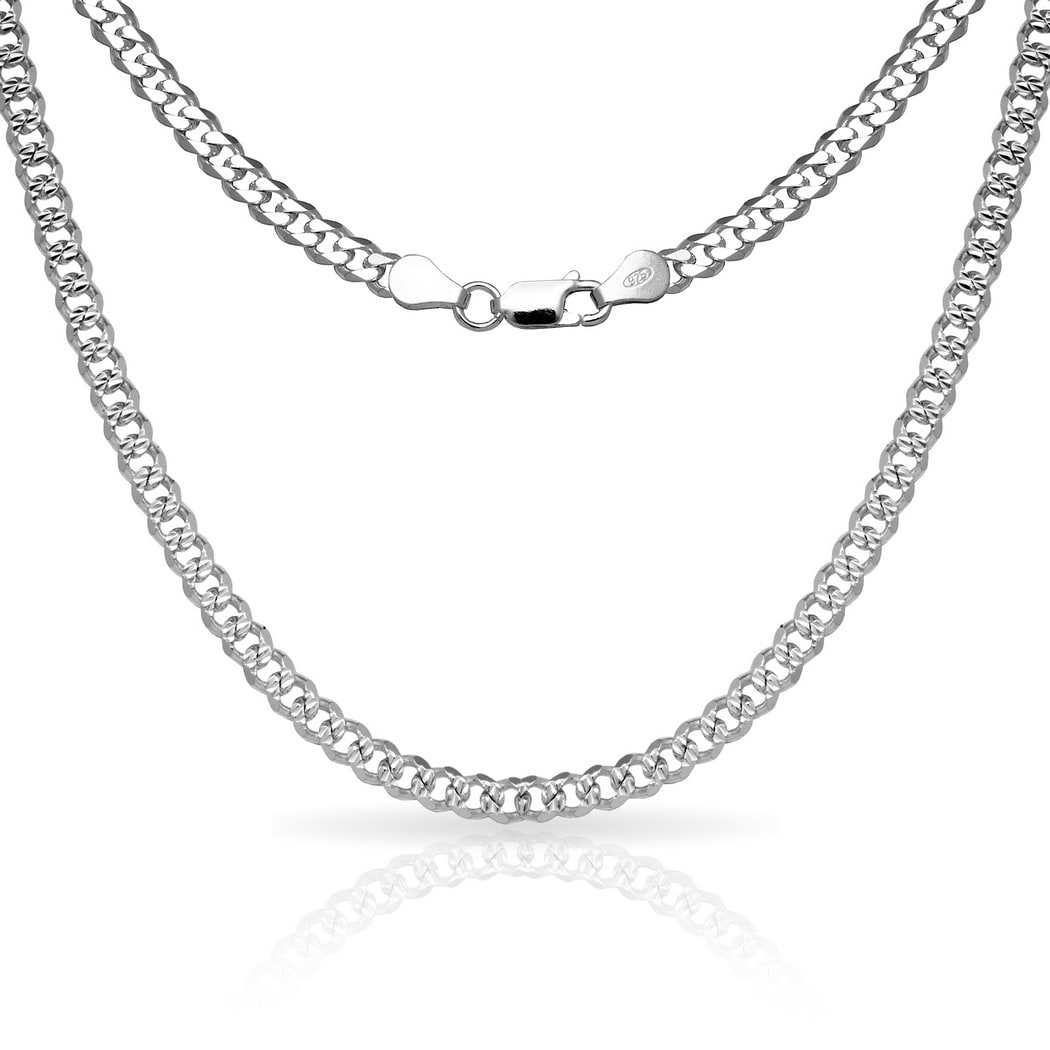 Curata Sterling Silver Men's Italian 6mm Pave Curb Chain Necklace