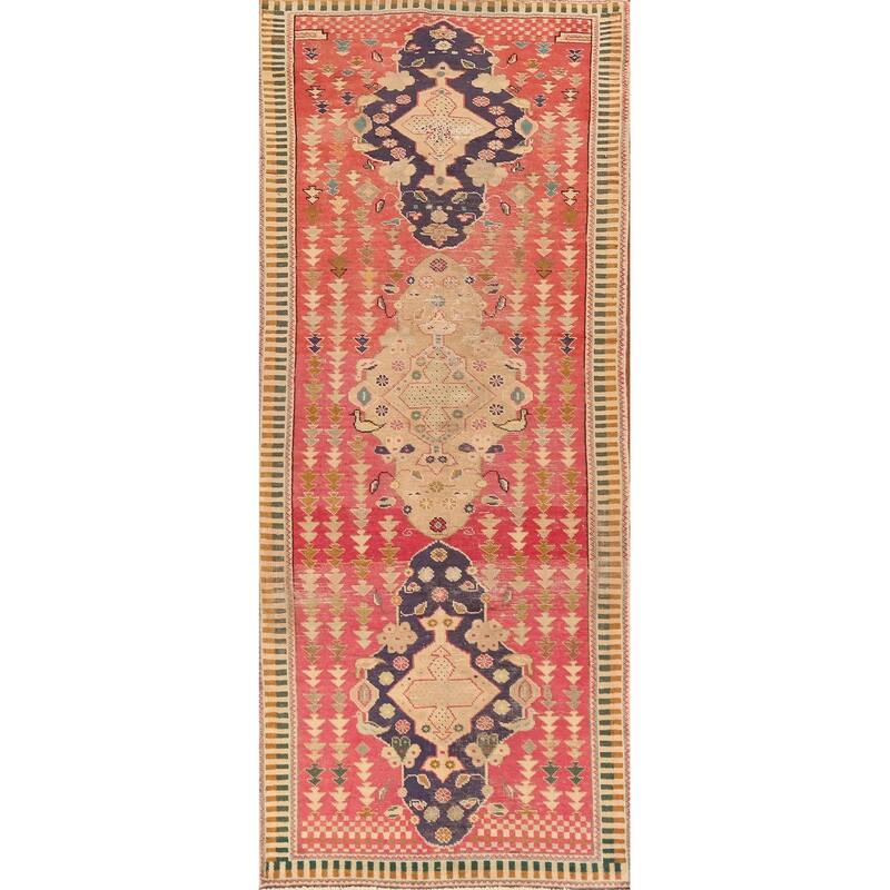 Hand Knotted Oriental 100% Wool Carpet Traditional Geometric Pink Tabriz Runner Rug - 9' 7'' X 3' 3''