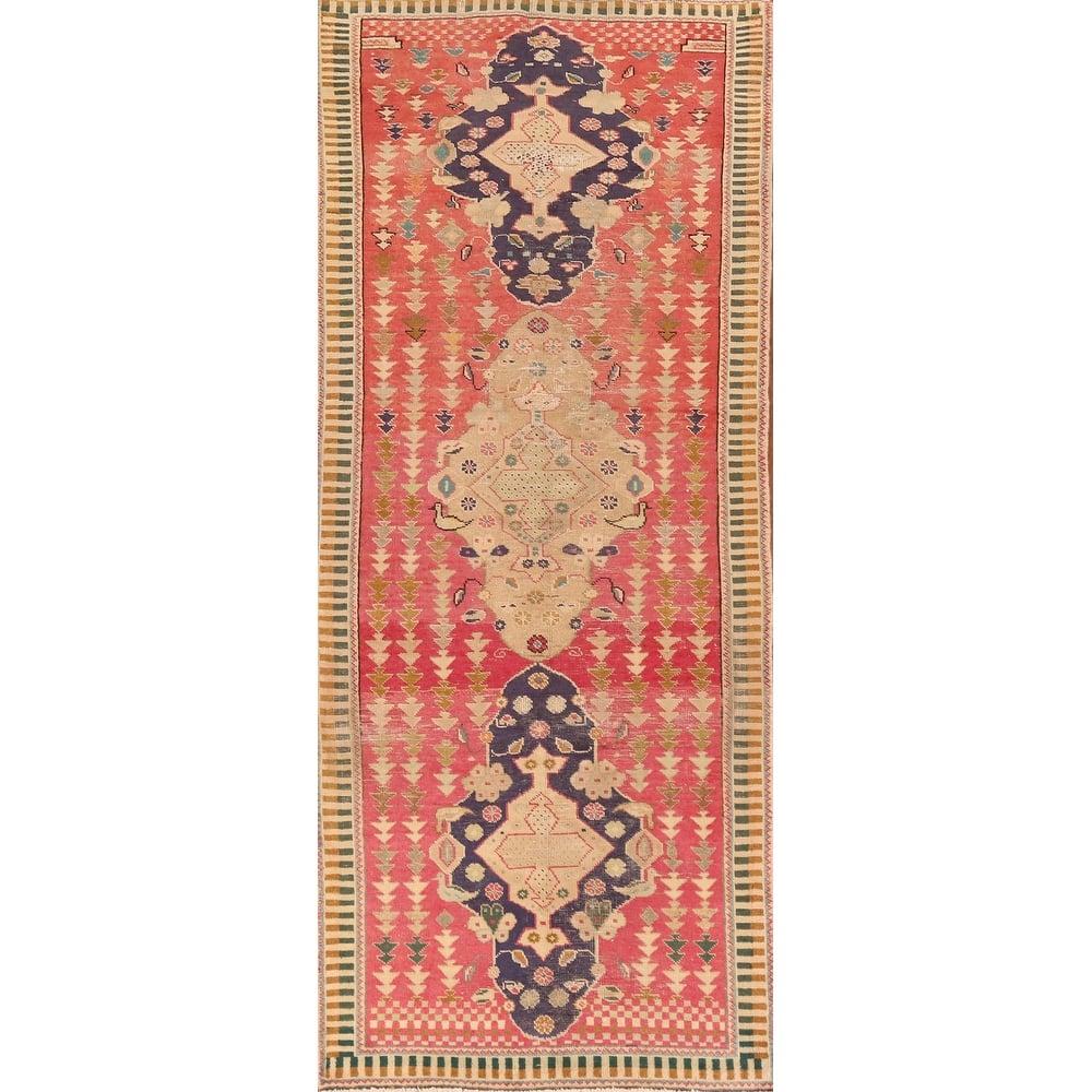 Hand Knotted Oriental 100% Wool Carpet Traditional Geometric Pink Tabriz Runner Rug - 9' 7'' X 3' 3''