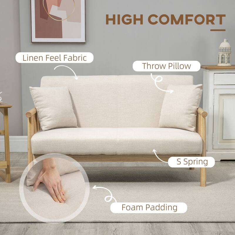 Beige Two Seater Sofa with Linen Feel Polyester Fabric Rubberwood Frame Cushions and Pillows - 48.5" W x 27.25" D x 29.25" H