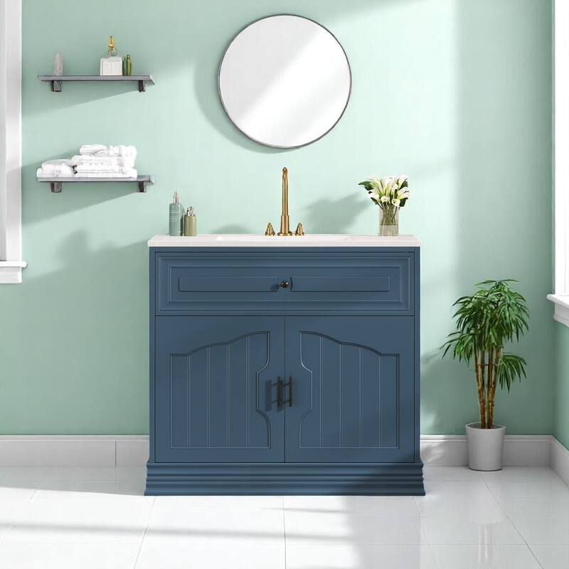 36" Bathroom Vanity with Ceramic Sink, Solid Wood Frame Cabinet with 2 Soft-Close Doors & Adjustable Shelves - Blue