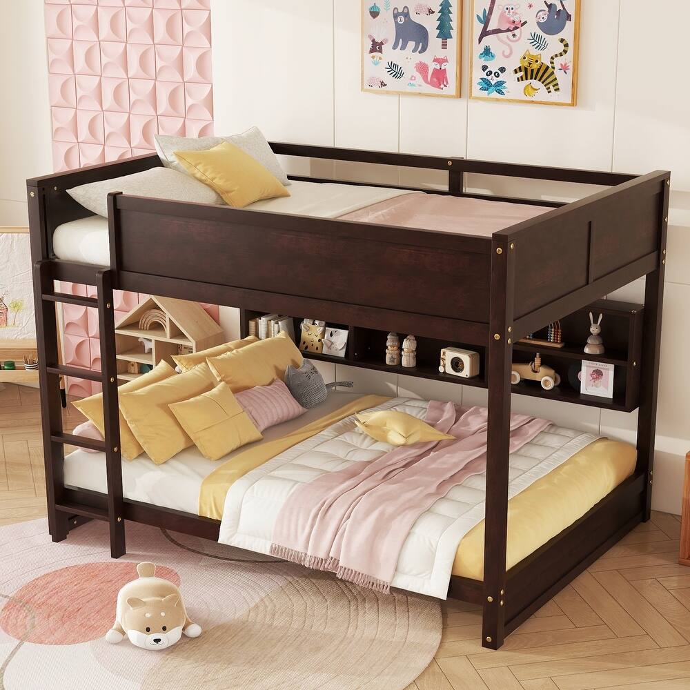 Queen Over Queen Size with Underbed Storage Bookcase and Charging Station, Wood Bunk Bed Frame with Panel Guardrails and Ladder