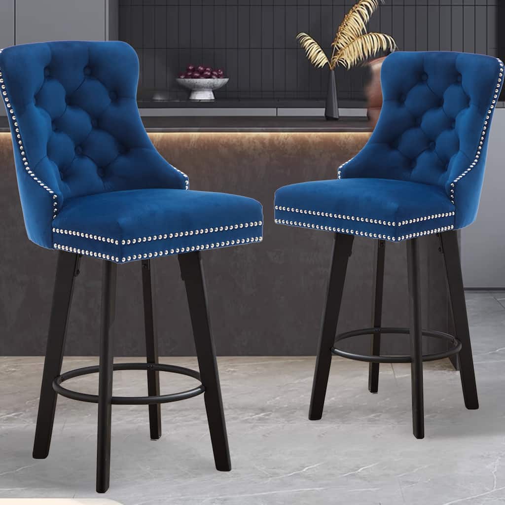Modern Swivel Bar Stools, Navy Blue Velvet with Button Tufting & Rivet Trim, Large Backrest & Footrest, Set of 2