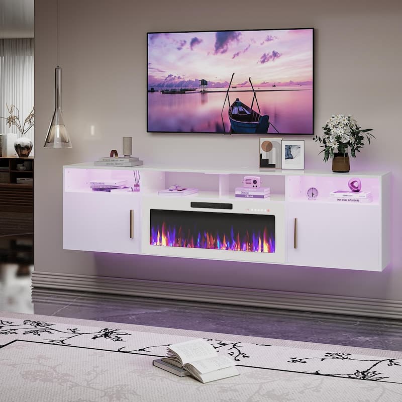 BOSSIN 80" Floating TV Stand with 36" Electric Fireplace, High Gloss Finish Wall Mounted Fireplace TV Stand with Storage