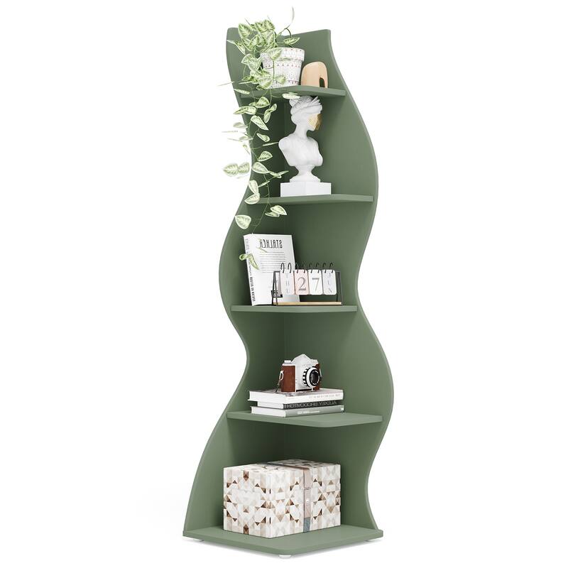Modern Wood Corner Shelf, 5-Tier Bookshelf Bookcase for Living Room - 1PC - Green