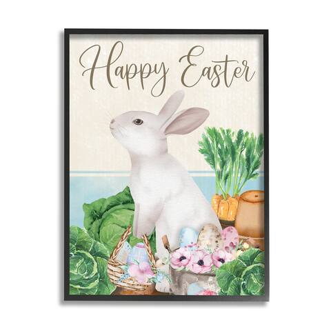 Stupell Industries Happy Easter Bunny Rabbit Greens Eggs Basket Framed Wall Art - Green
