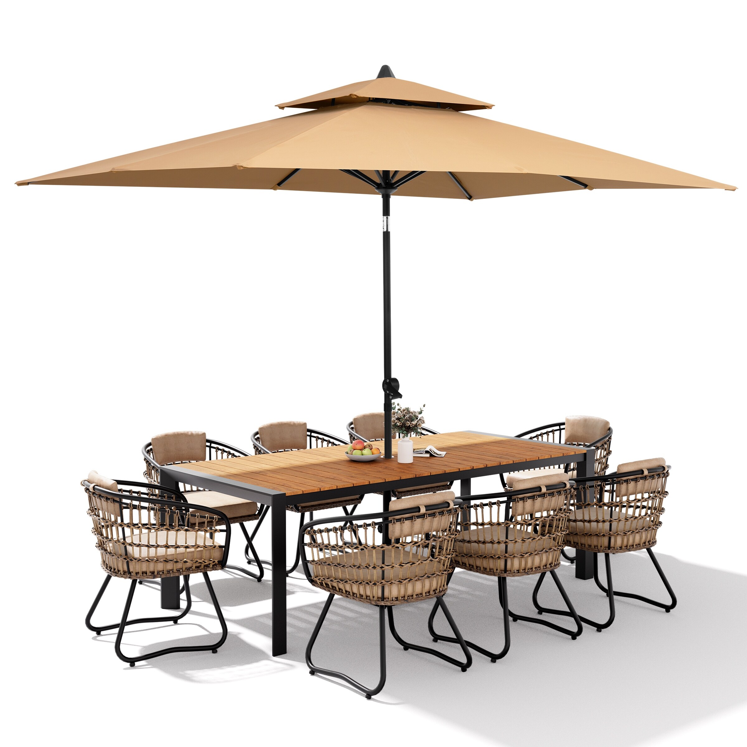 broyerk rattan wood patio umbrella stand dining table Giantex Table, Outdoor Side with 2