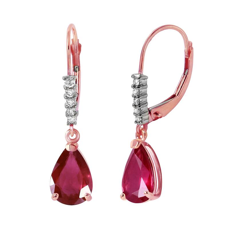14K Solid Gold Leverback Earrings Diamond & Ruby Jewelry Deluxe - Rose
