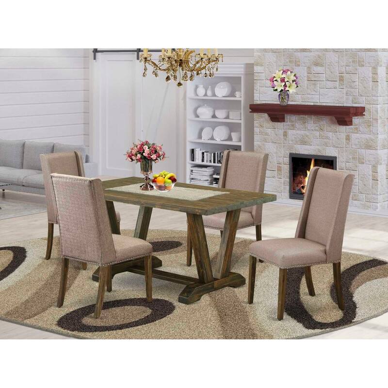 HomeStock 5-Piece Rectangle Distressed Jacobean Finish Solid Wood Top Dining Table with 4 Upholstered-Chairs with Lattice Back