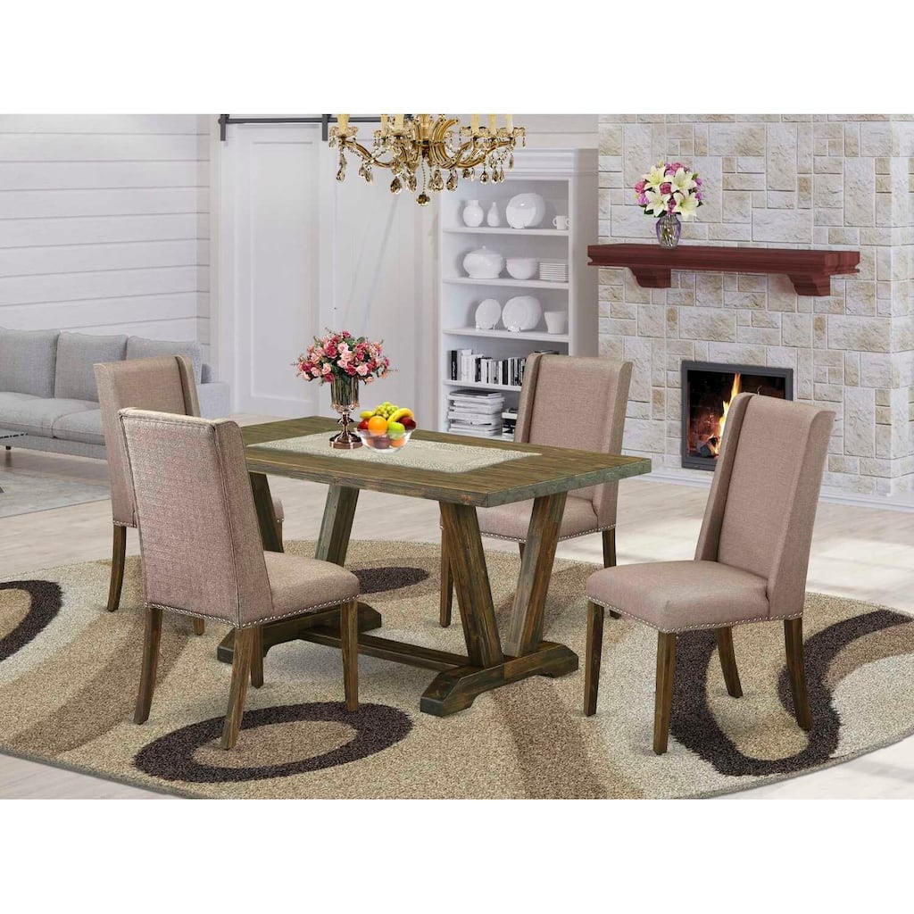 HomeStock 5-Piece Rectangle Distressed Jacobean Finish Solid Wood Top Dining Table with 4 Upholstered-Chairs with Lattice Back