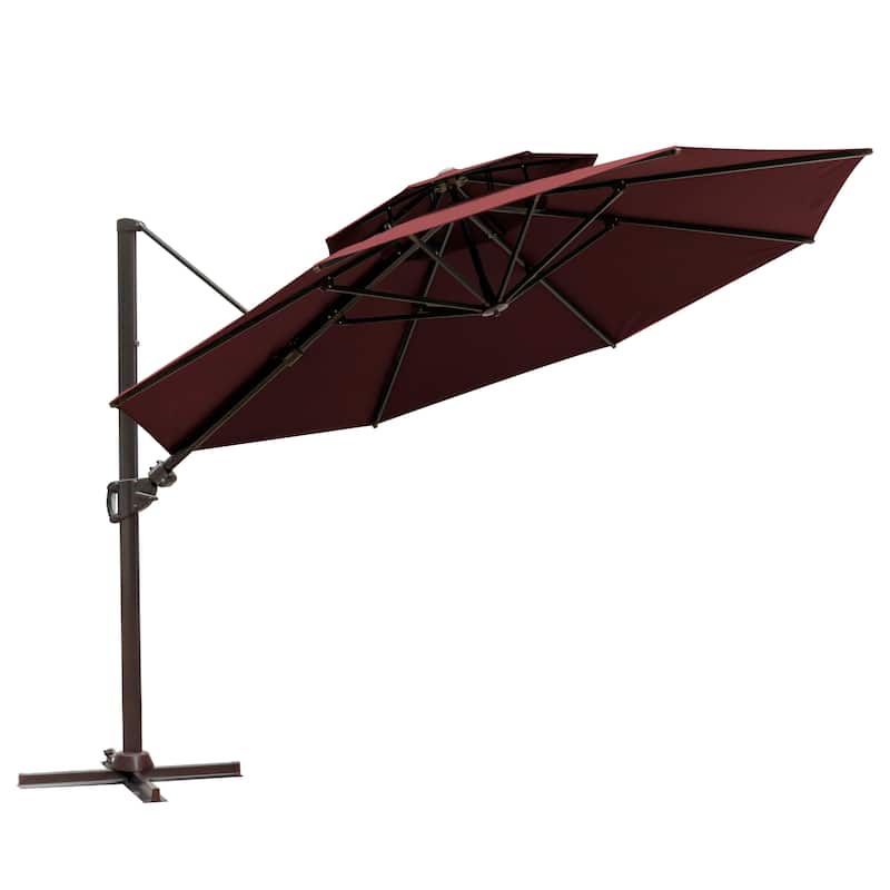 11 ft Outdoor Aluminum Dual Top Solar Powered LED Lighted Patio Cantilever Umbrella and Weighted Base