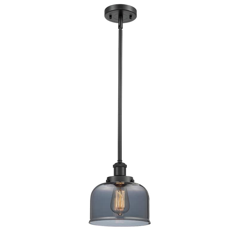 Innovations Lighting Large Bell 8" Wide Mini Pendant - Rod Hung - Matte Black / Plated Smoke