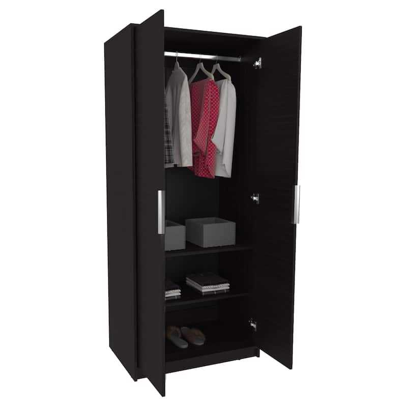 Armoire Double Doors,Hanging Rod And Interior Shelves,Freestanding Modern Wardrobe,Black