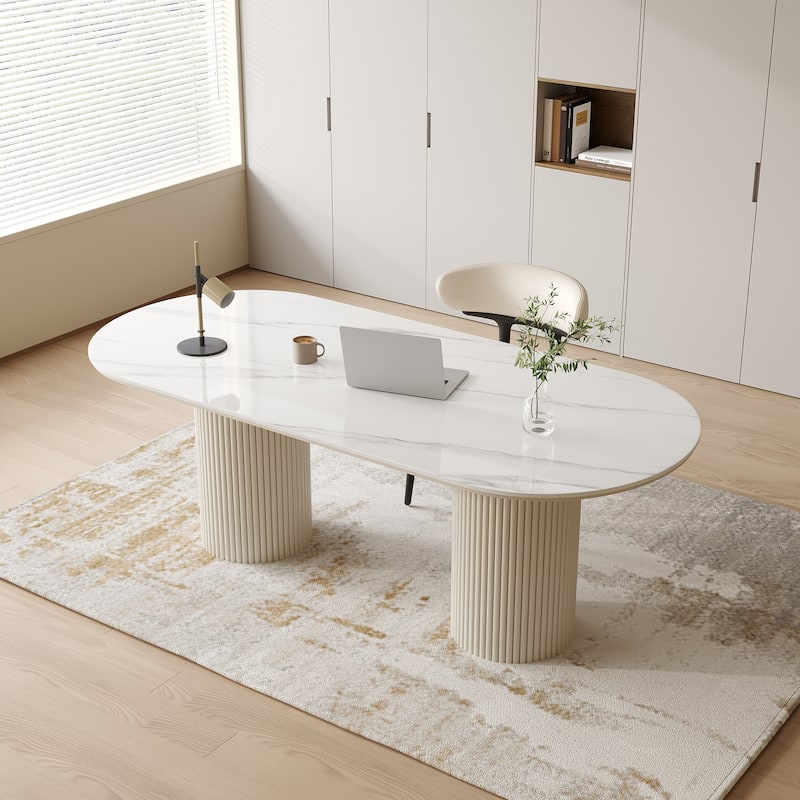 71" Modern Oval Writing Desk,Glossy White Office Table,with Double Solid Wood Legs, 3 Colors Optional