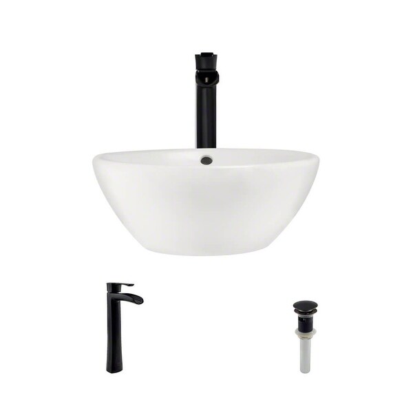 Rene R2-5031-B-R9-7007 16-1/8 Porcelain Bathroom Sink with Overflow with Vessel Faucet and Vessel Pop-Up Drain