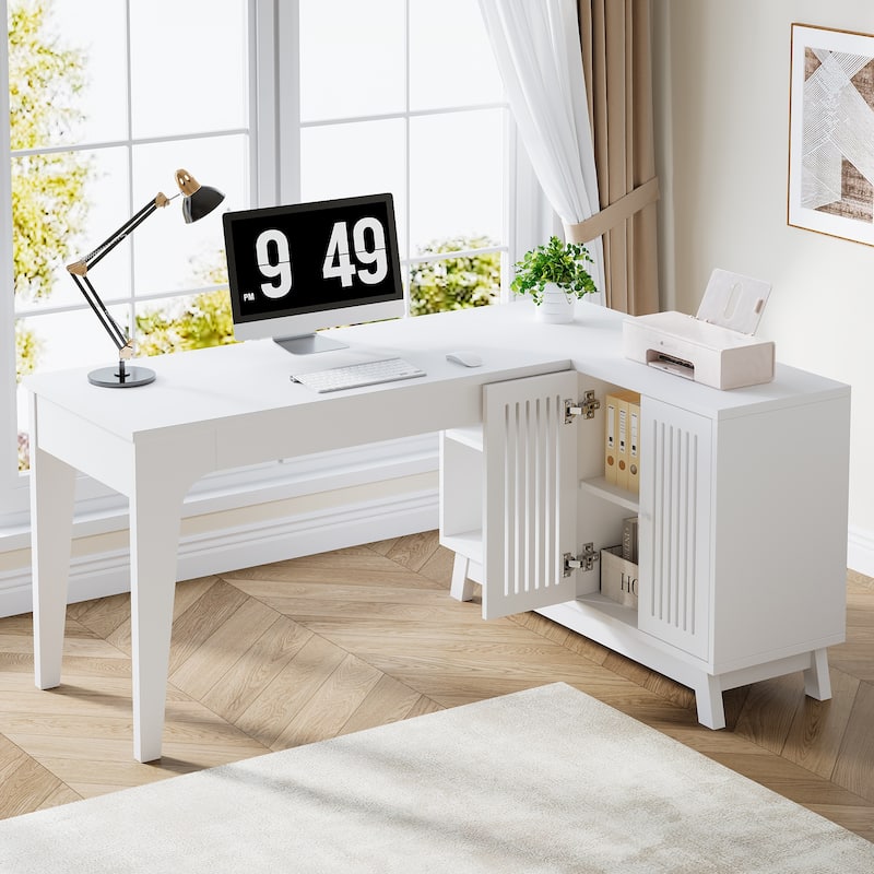 57'' Wood L-Shaped Corner Computer Desk Writing Table with Cabinet