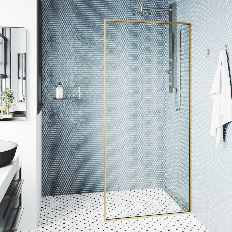 VIGO Meridian 34" W x 74" H Framed Fixed Shower Screen in Matte Brushed Gold