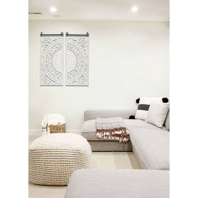 Distressed White Wood Flower Mandala Wall Decor with Black Accents (Set of 2)