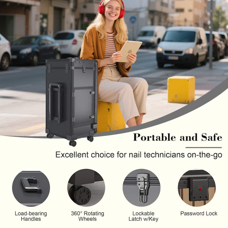 Roomfitters Portable Nail Table with LED Mirror, Lockable Drawers and Bluetooth, Folding Manicure Station on Wheels, Black