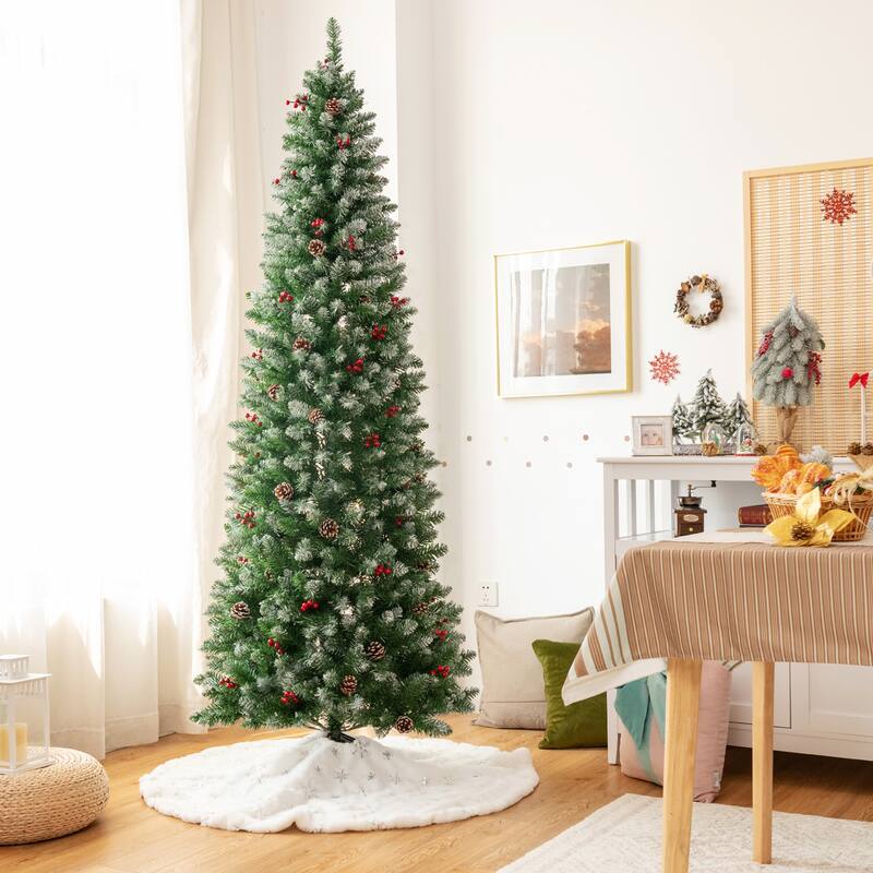 Gymax 5/6/7 FT Pre-lit Hinged Christmas Tree Artificial Pencil Xmas