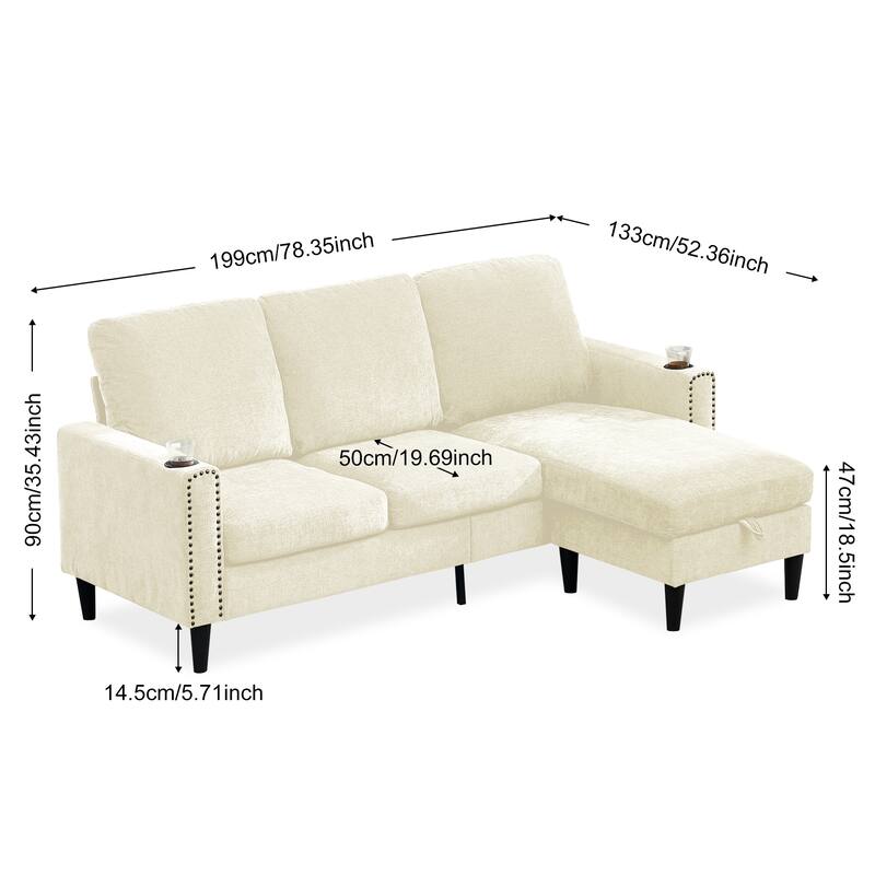 Modern Design Chenille 3 Seat L-Shape Sectional Sofa with Storage Chaise for Apartment, Studio, Office,Living Room,L shape