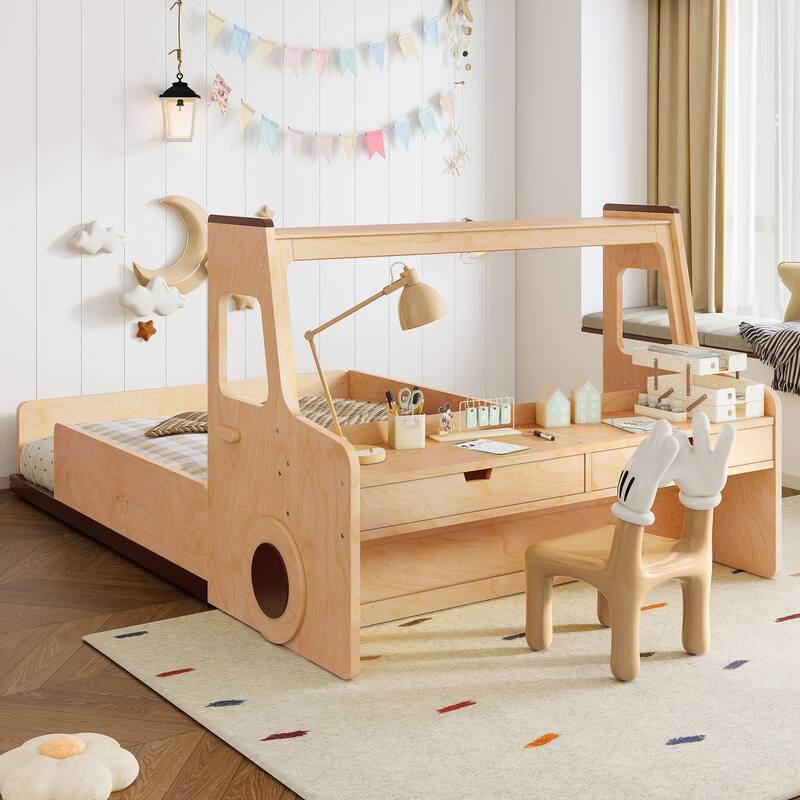 Full/Twin Kids Car Floor Bed with Storage Drawers, Window & Desk - Childlike Design